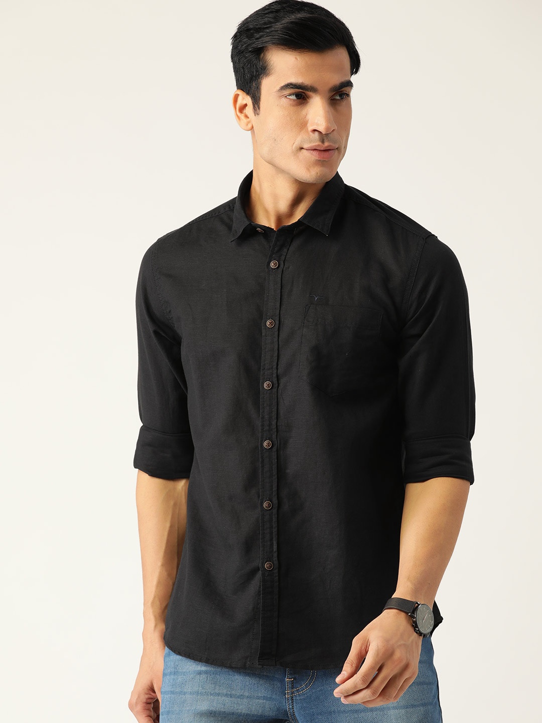 

Flying Machine Men Black Slim Fit Opaque Casual Shirt