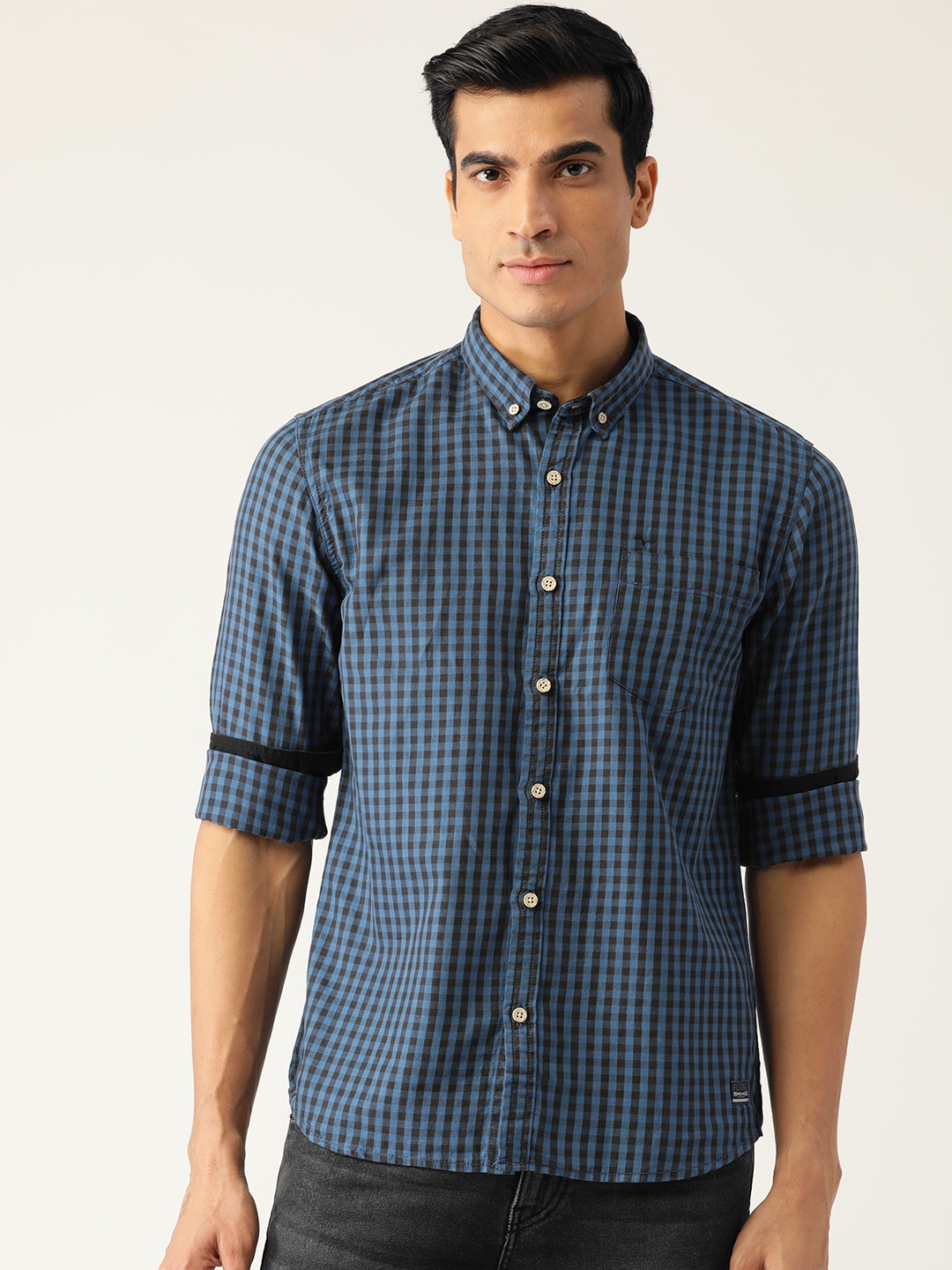 

Flying Machine Men Blue Pure Cotton Slim Fit Gingham Checks Opaque Casual Shirt