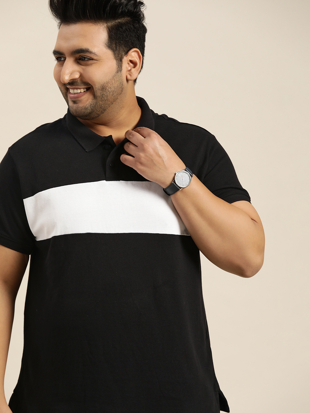 

Sztori Plus Size Men Black & White Colourblocked Polo Collar Pure Cotton T-shirt
