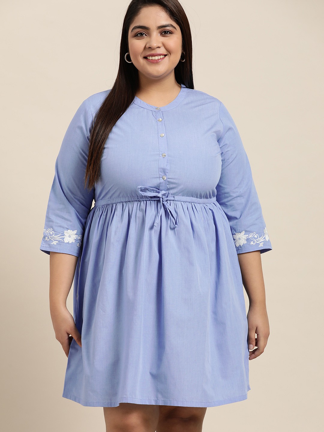 

Sztori Plus Size Blue Solid Cotton Floral Embroidery & Tie-Ups Detail Fit & Flare Dress