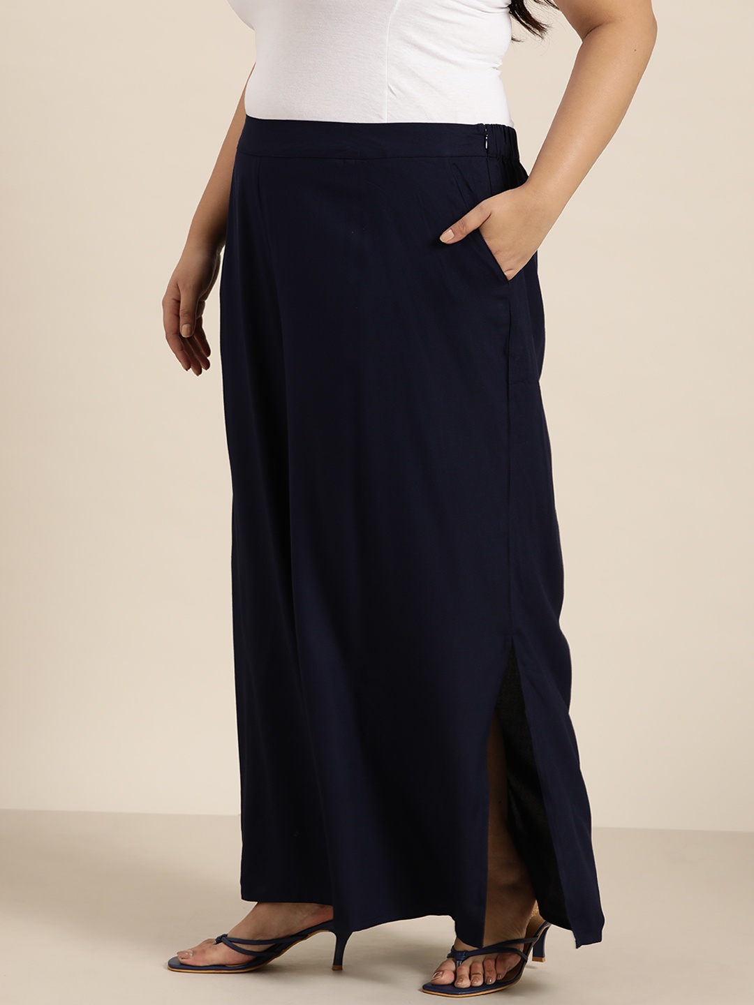 

Sztori Plus Size Women Navy Blue Loose Fit Parallel Trousers