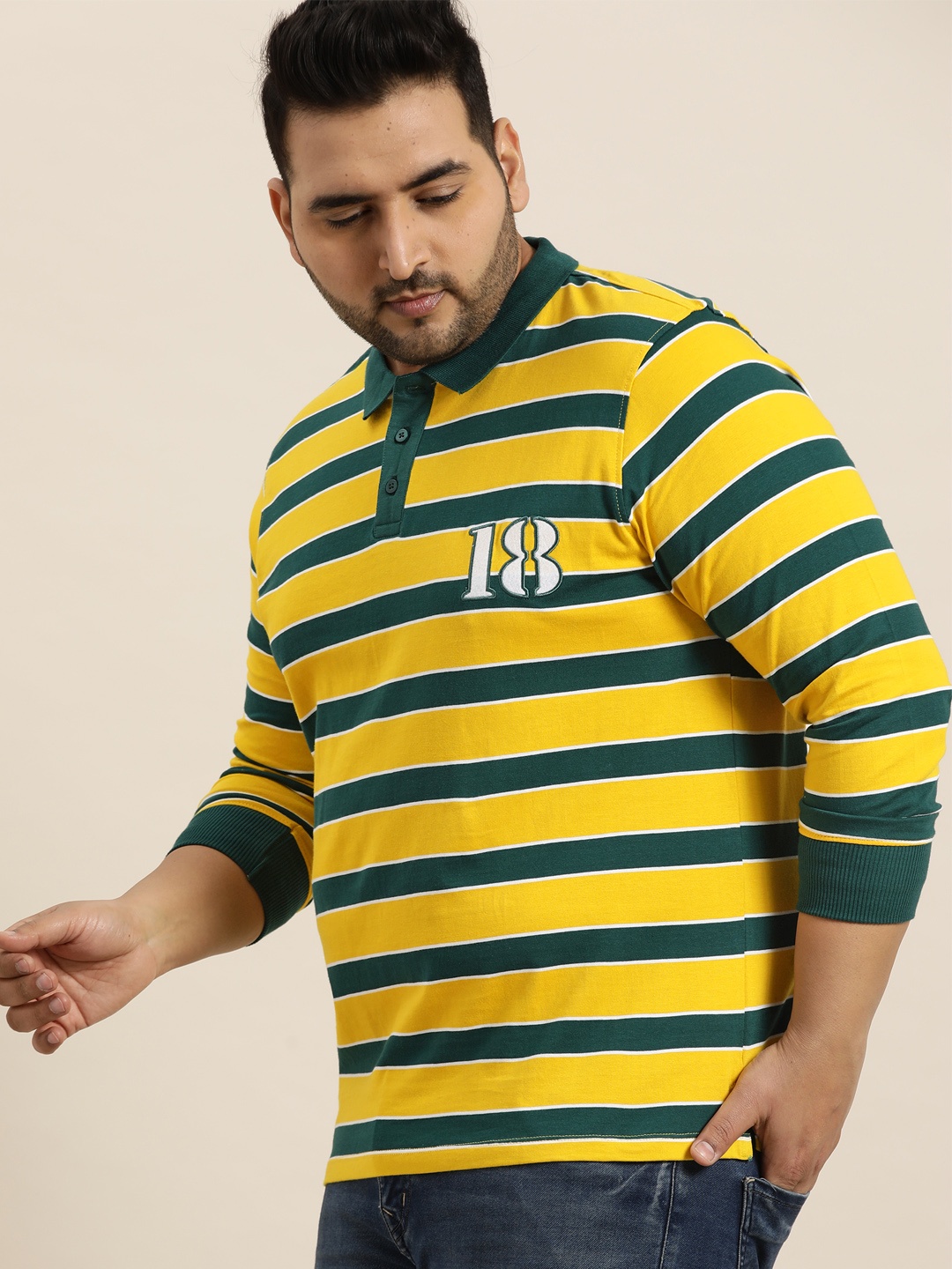 

Sztori Men Plus Size Yellow & Olive Green Striped Polo Collar Cotton T-shirt