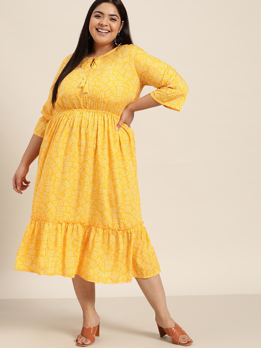 

Sztori Women Plus Size Mustard Yellow & White Tie-Up Neck A-Line Midi Dress