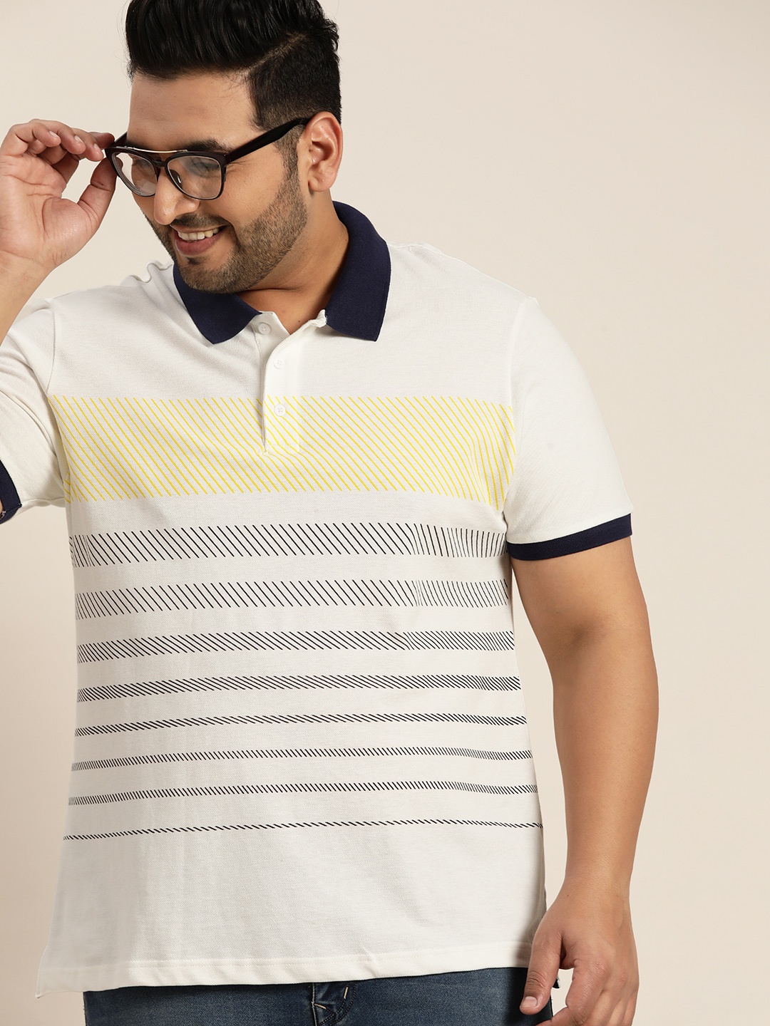 

Sztori Men Plus Size White & Yellow Striped Polo Collar Cotton T-shirt