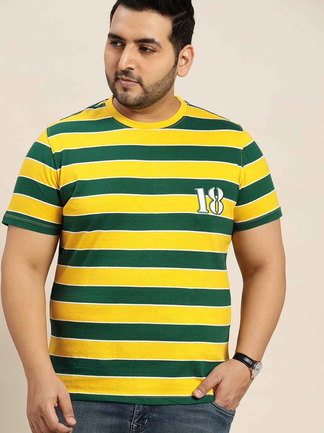 

Sztori Plus Size Men Yellow & Green Striped Pure Cotton Applique T-shirt