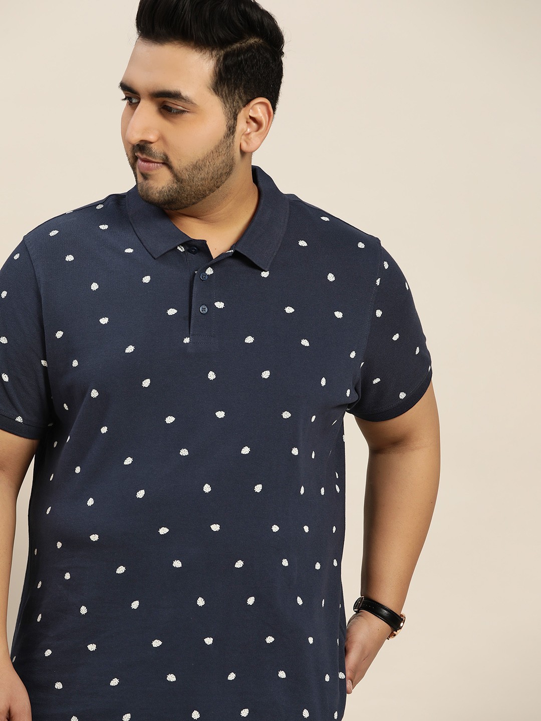 

Sztori Men Plus Size Navy Blue & White Pure Cotton Printed Polo Collar T-shirt