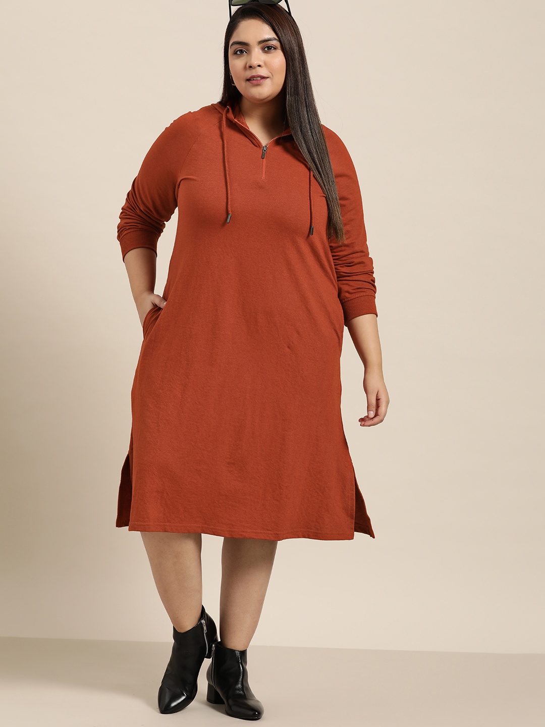 

Sztori Women Plus Size Rust Red Solid Midi Hooded Jumper Dress