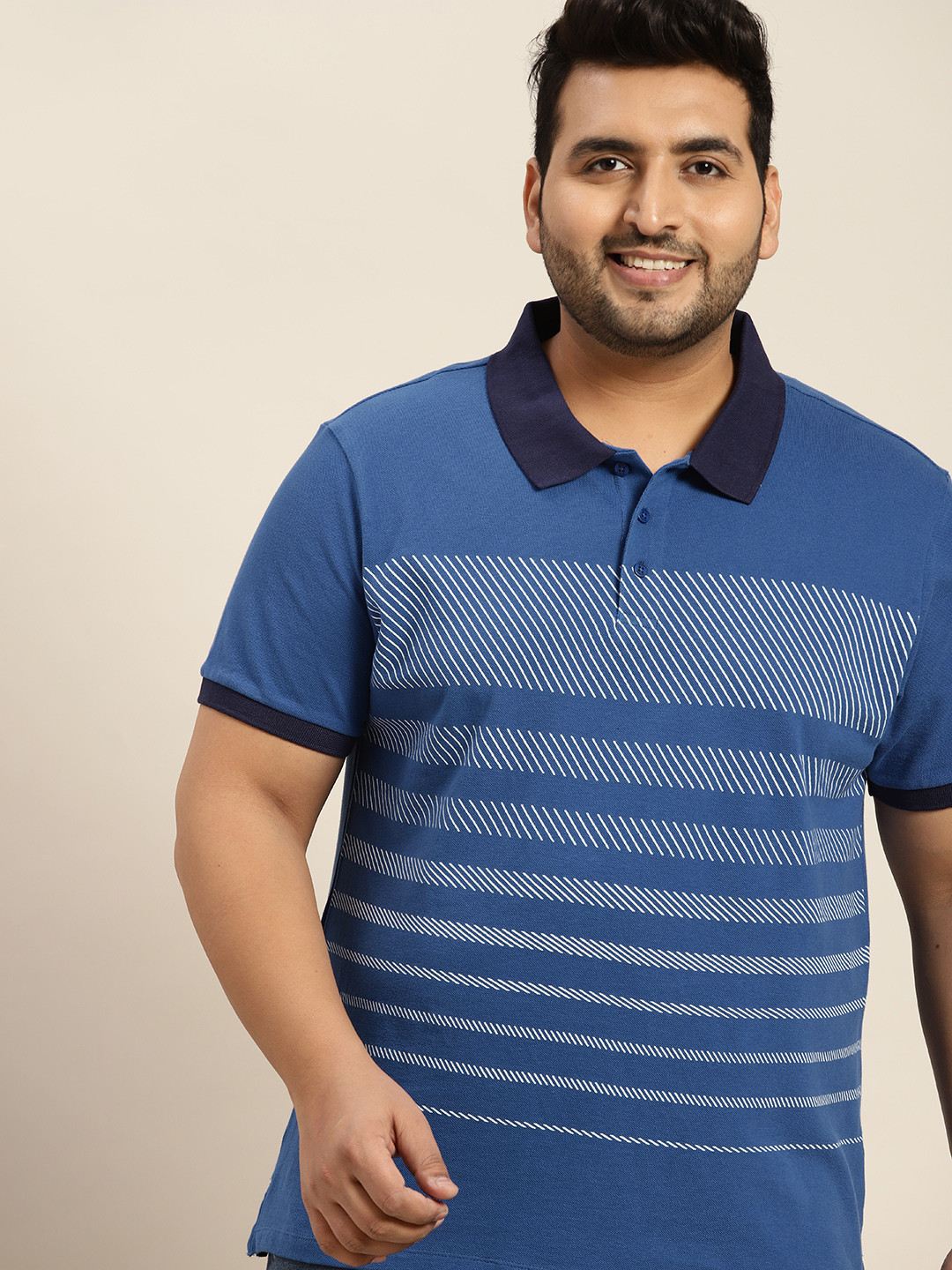 

Sztori Men Plus Size Blue & White Cotton Geometric Print Polo Collar T-shirt
