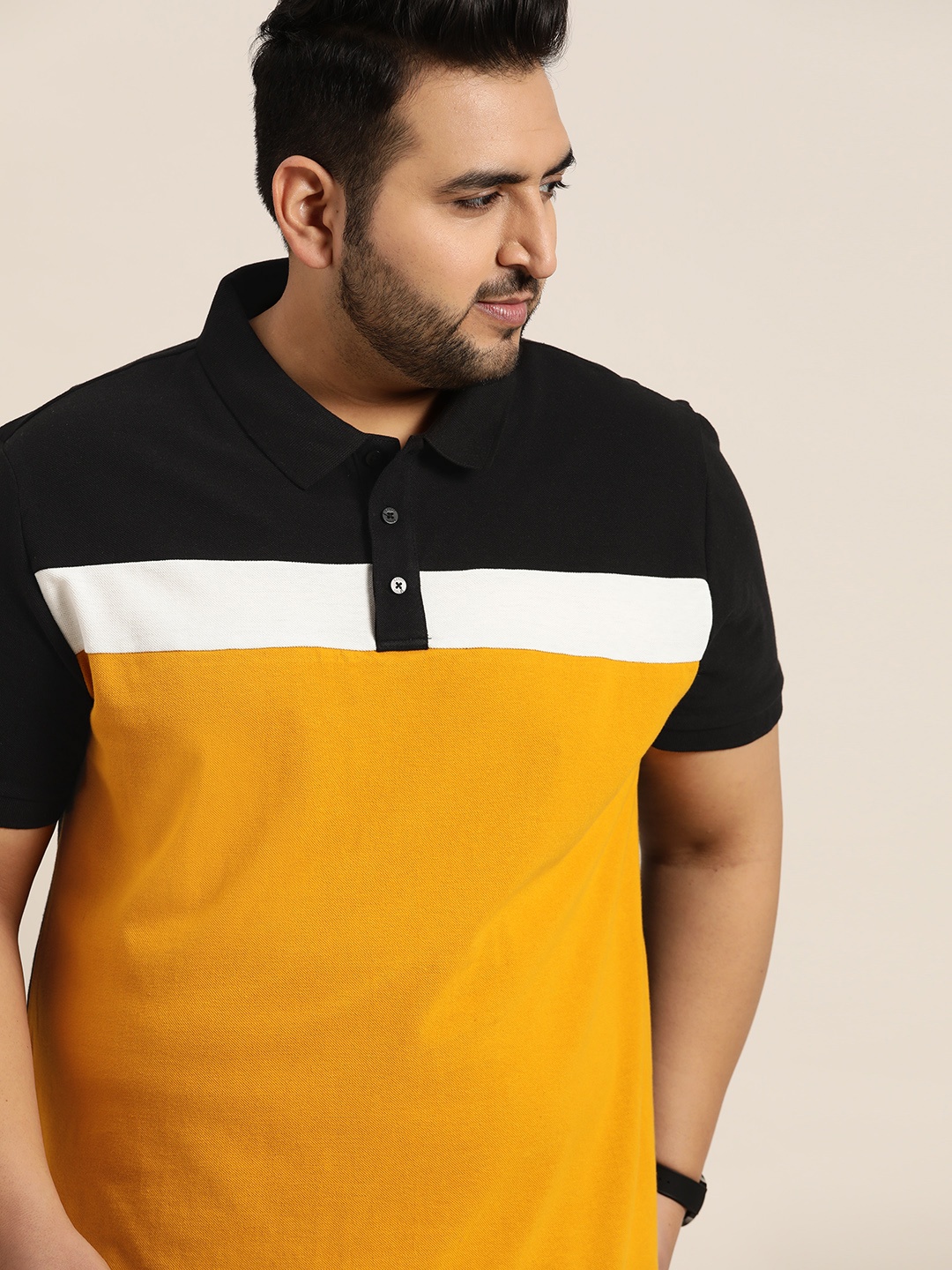 

Sztori Men Plus Size Black & Mustard Yellow Pure Cotton Colourblocked Polo Collar T-shirt