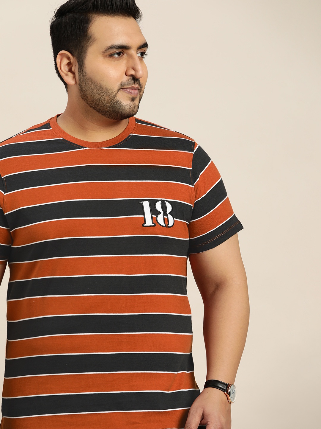 

Sztori Plus Size Men Rust & Black Striped Pure Cotton Applique T-shirt