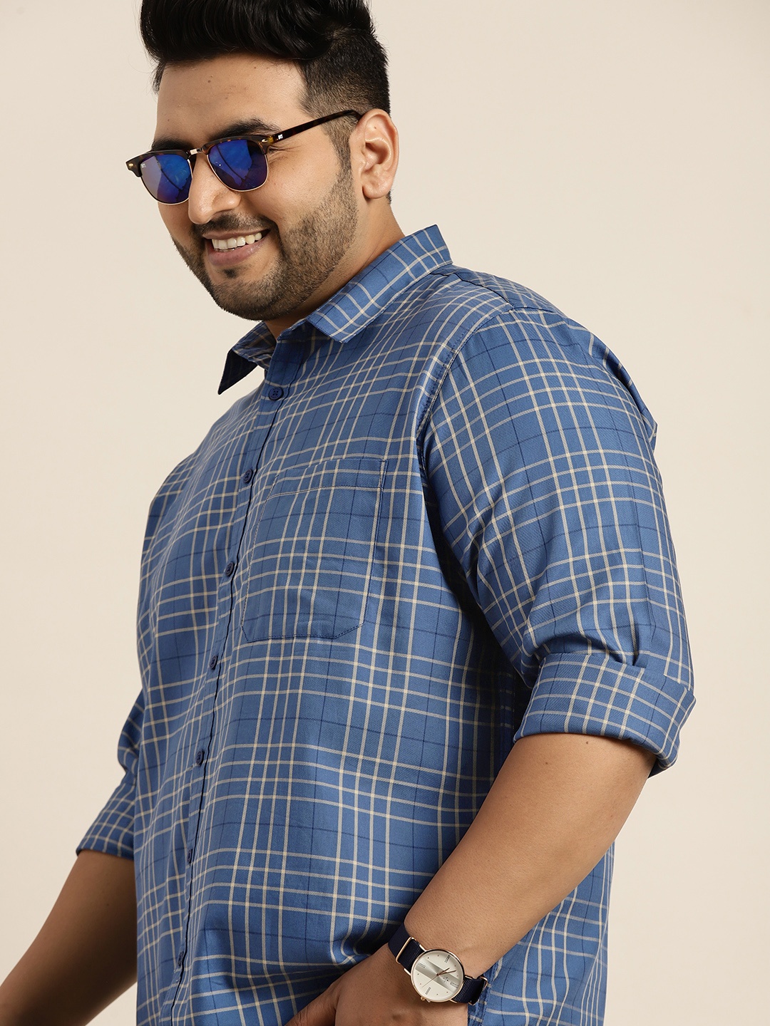 

Sztori Plus Size Men Blue & Grey Tartan Checks Cotton Opaque Casual Shirt