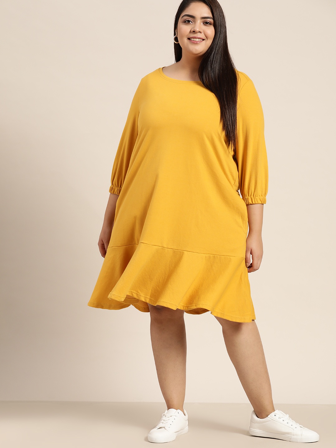 

Sztori Women Plus Size Mustard Yellow Solid A-Line Dress