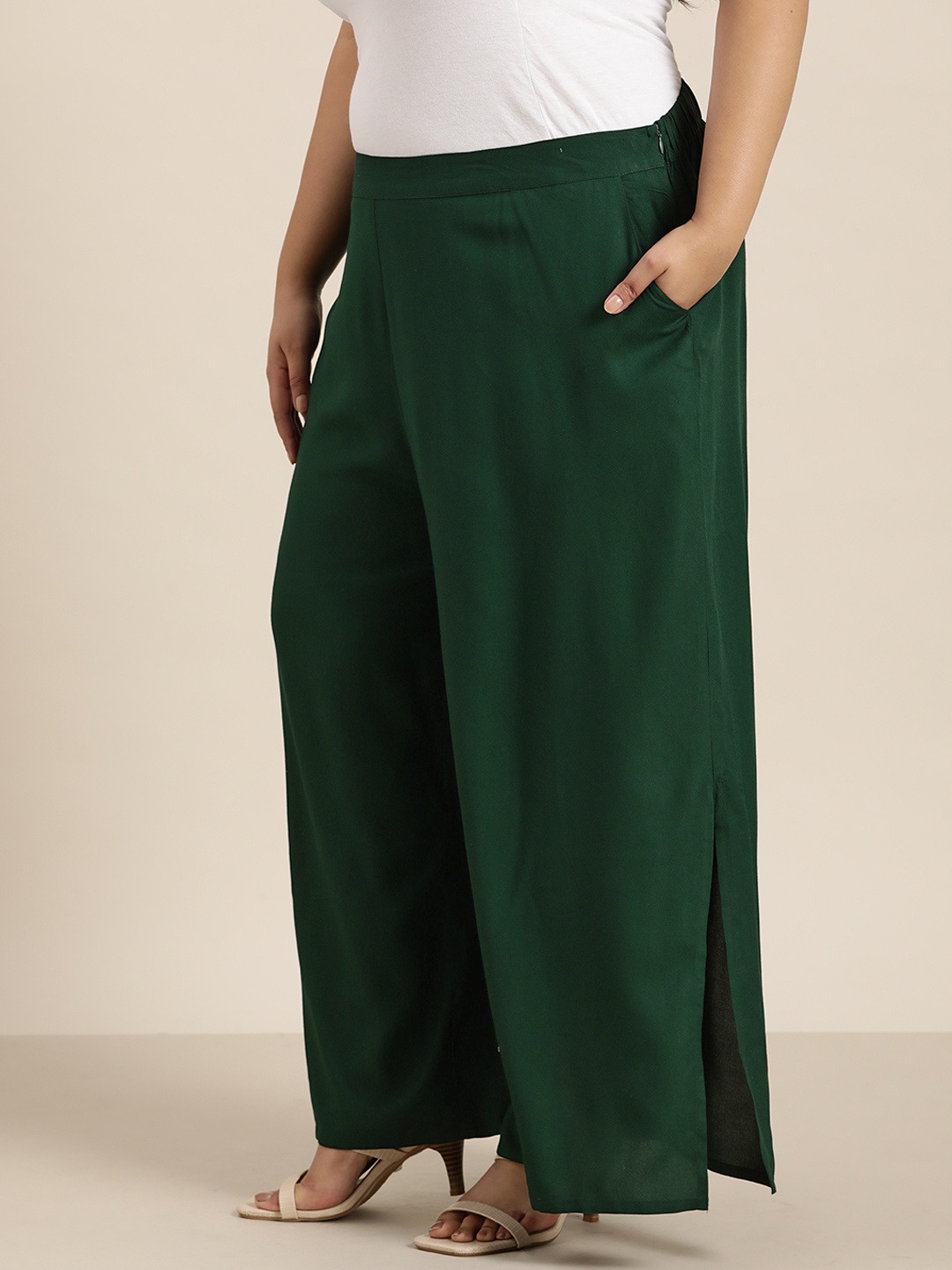 

Sztori Plus Size Women Green Loose Fit Parallel Trousers