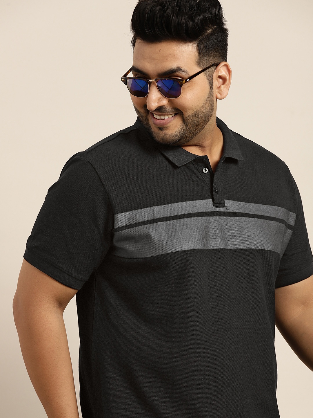 

Sztori Men Plus Size Black & Charcoal Grey Striped Cotton Polo Collar T-shirt