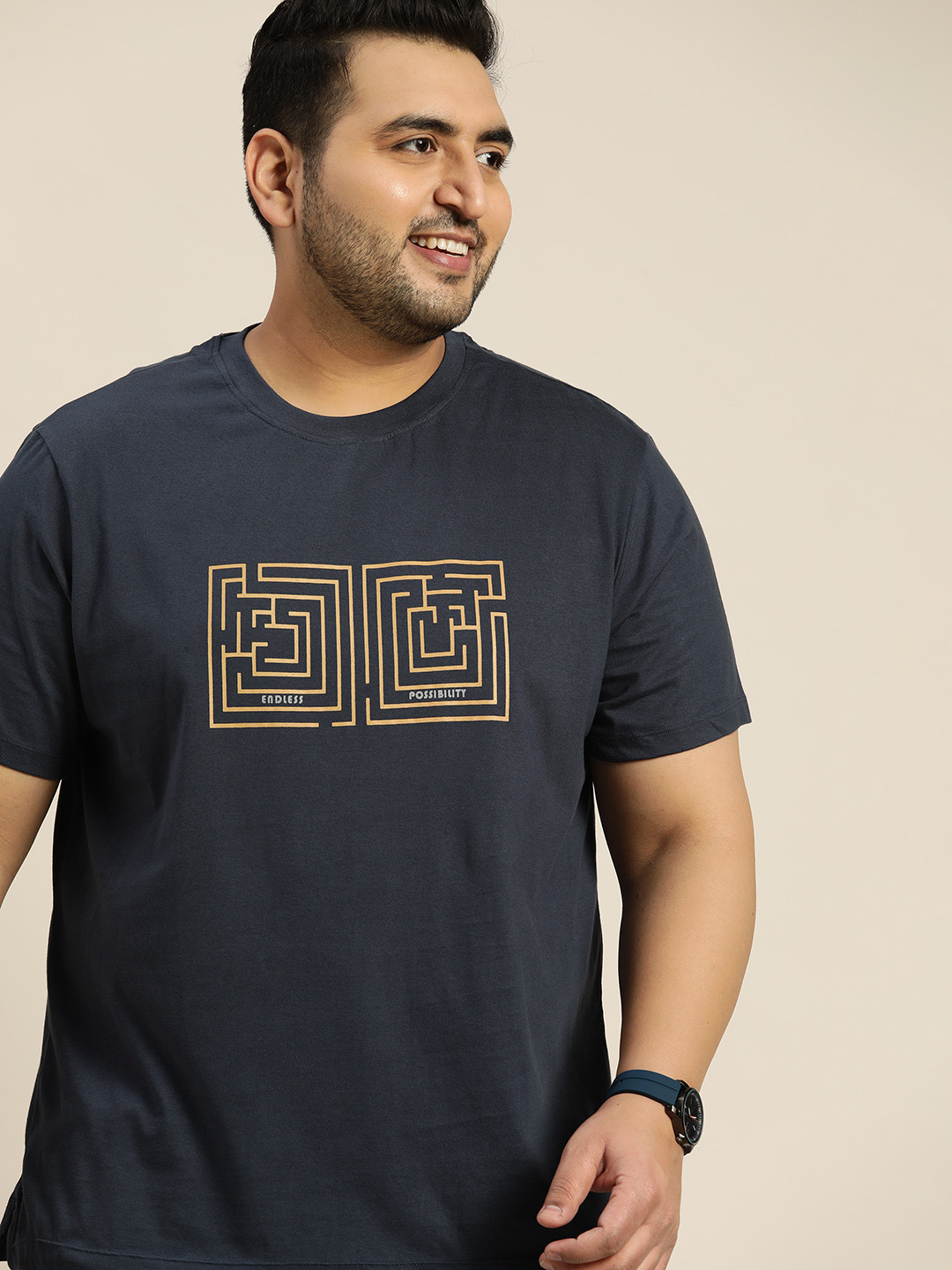 

Sztori Men Plus Size Navy Blue Pure Cotton Printed T-shirt