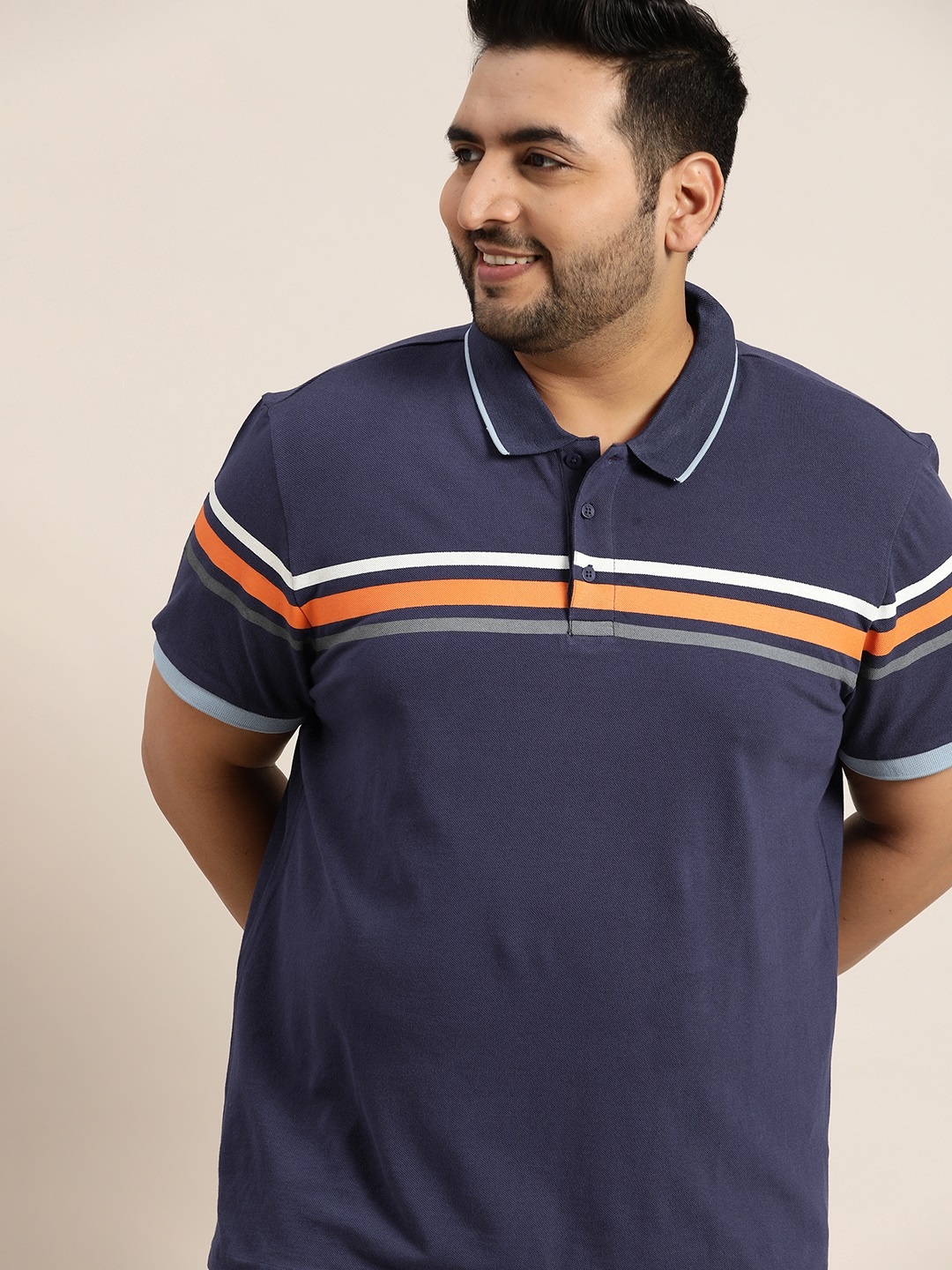 

Sztori Men Plus Size Navy Blue Printed Pure Cotton Polo Collar T-shirt