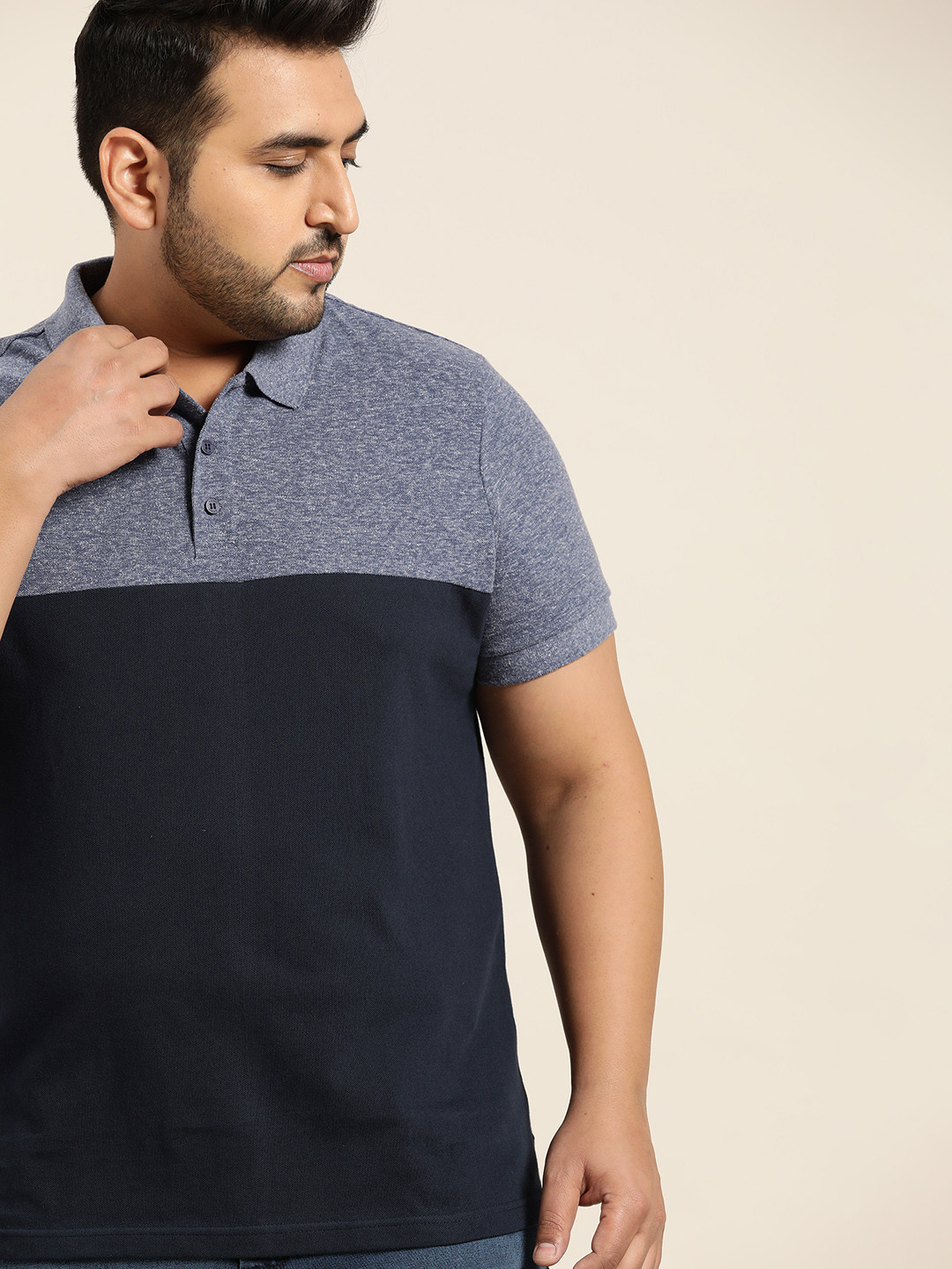 

Sztori Men Plus Size Navy Blue Colourblocked Cotton Polo Collar T-shirt