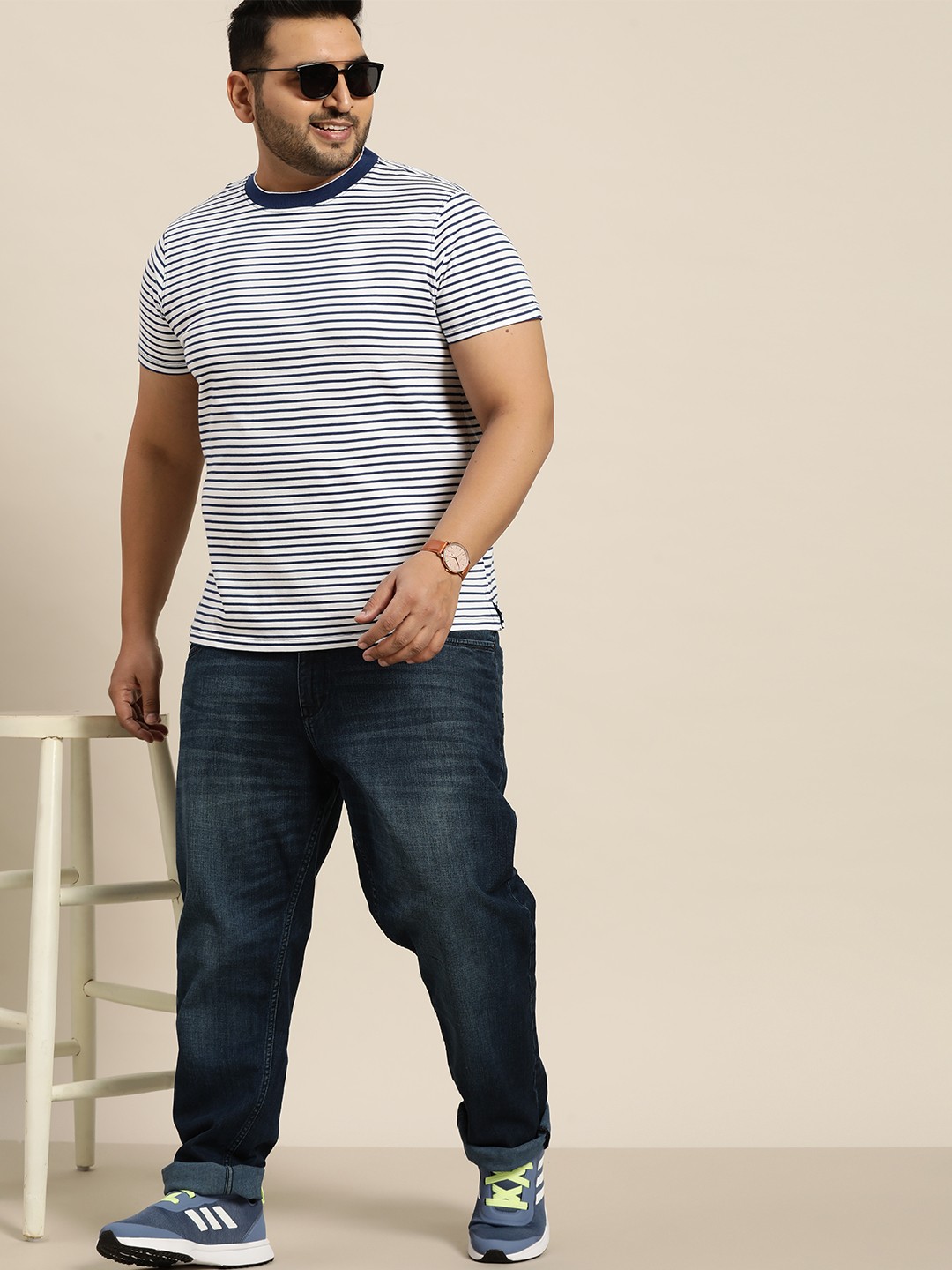 

Sztori Men White & Navy Blue Plus Size Cotton Striped T-shirt