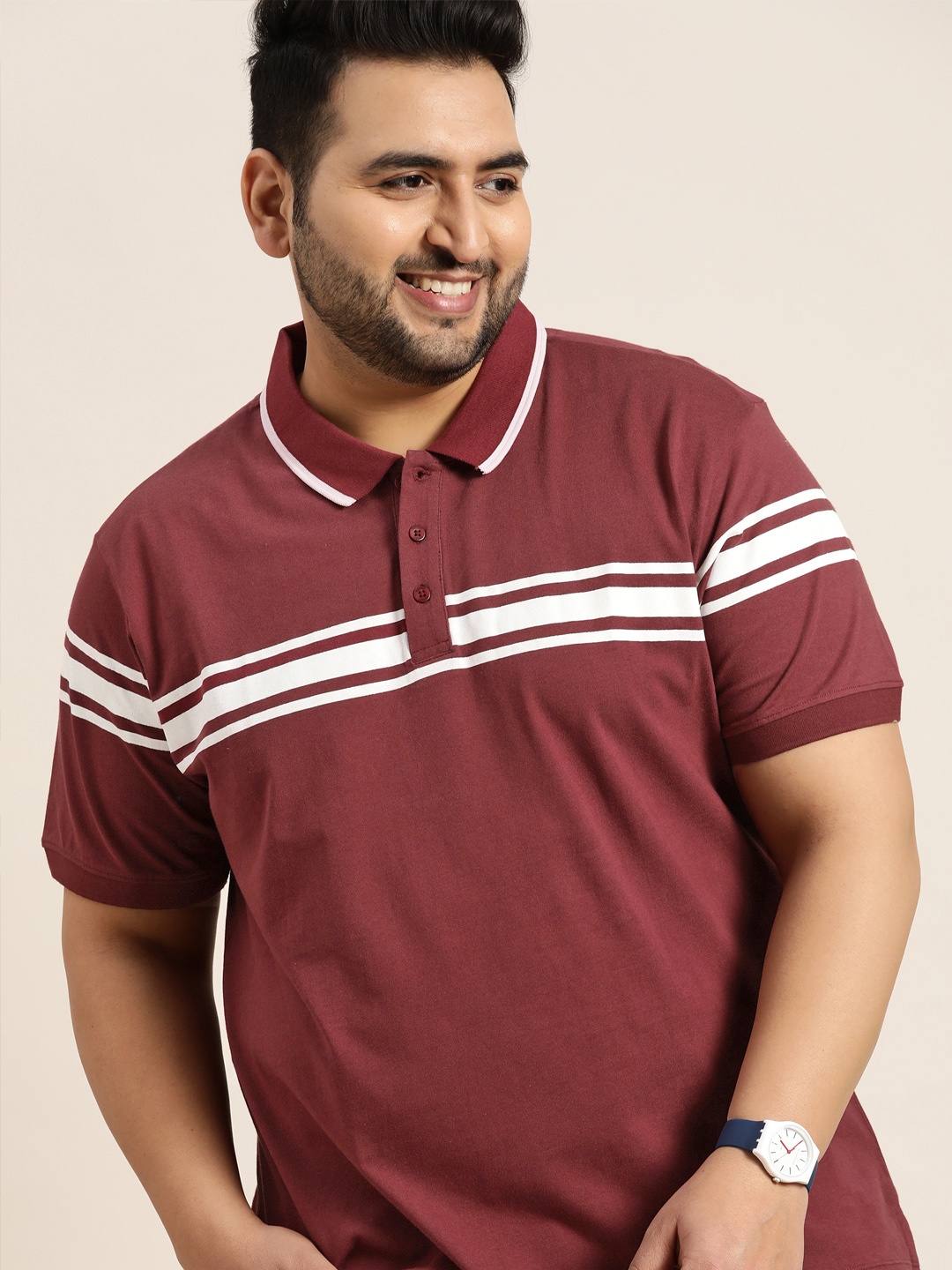 

Sztori Men Plus Size Maroon & White Pure Cotton Striped Polo Collar T-shirt