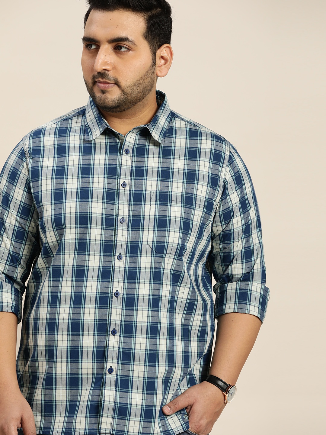 

Sztori Men Plus Size Blue & White Pure Cotton Checked Casual Shirt