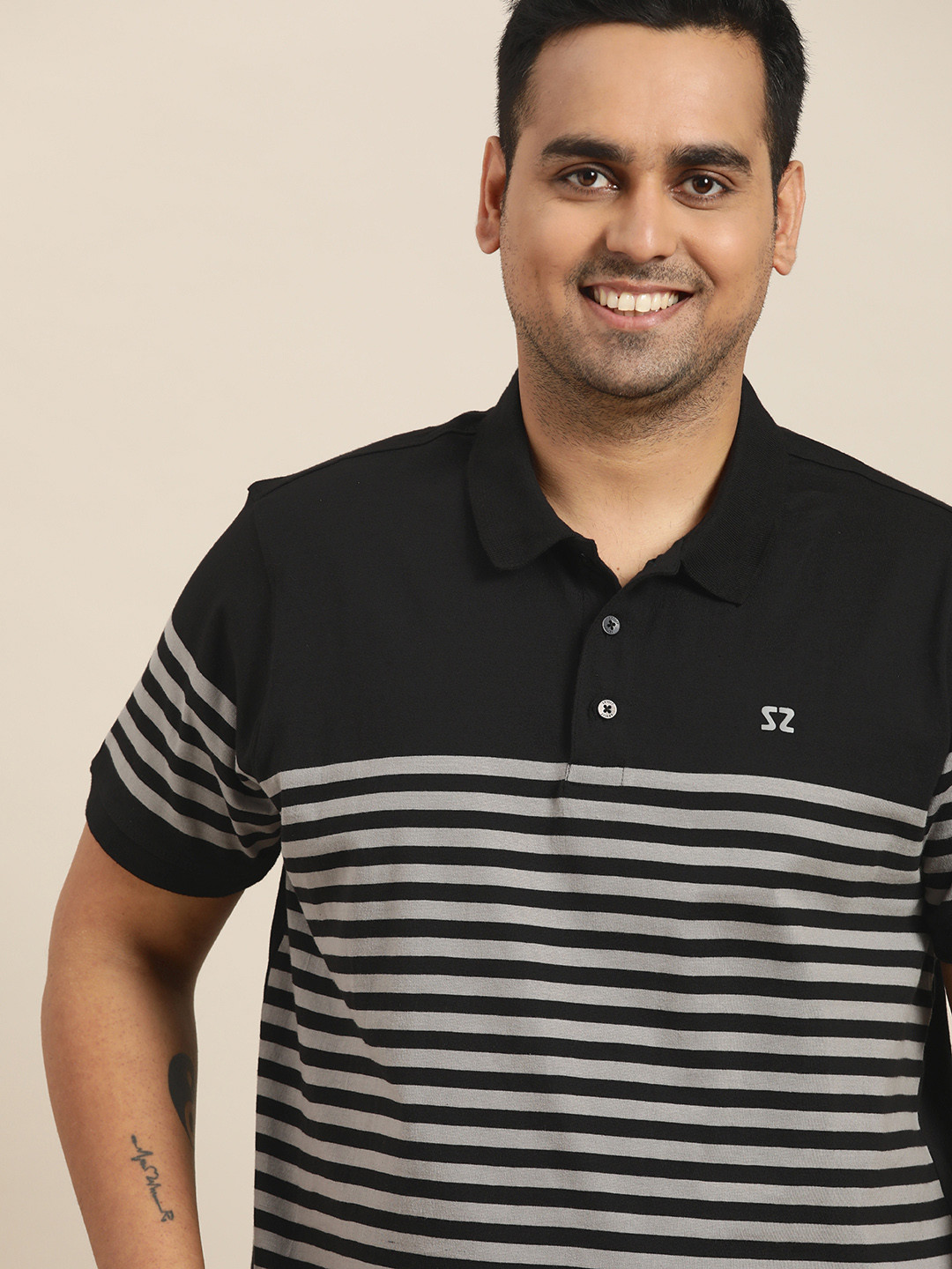 

Sztori Men Plus Size Black & Grey Striped Cotton Polo Collar T-shirt