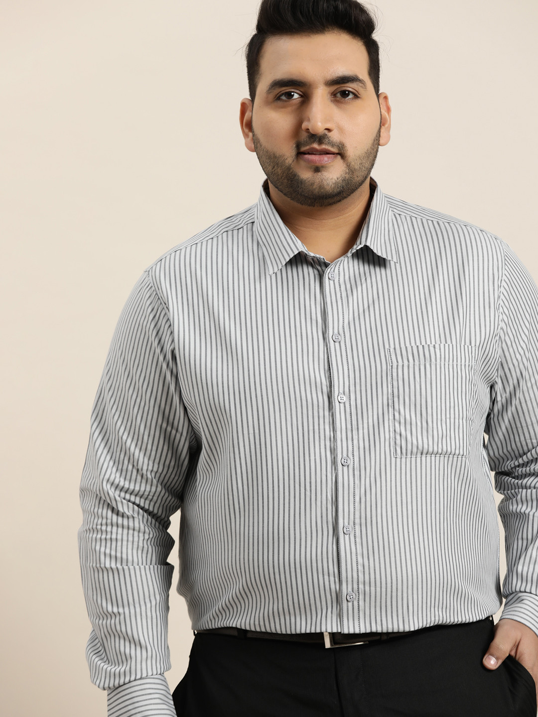 

Sztori Men Plus Size Grey Pure Cotton Yarn Dyed Striped Formal Shirt