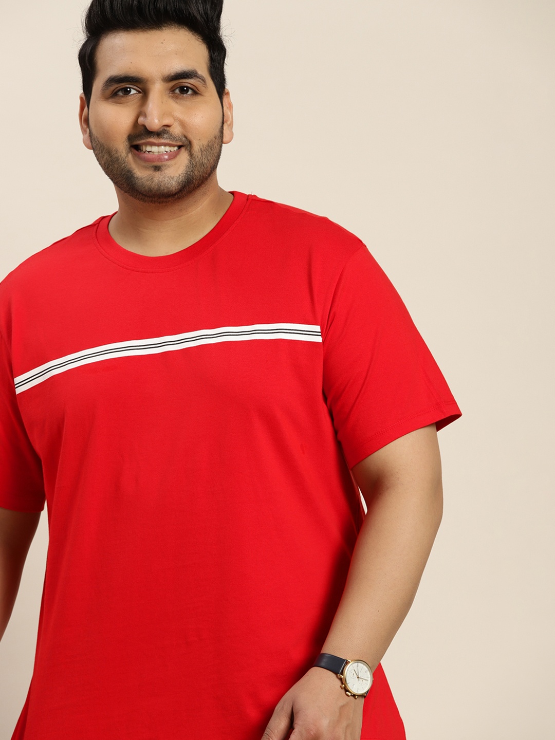 

Sztori Men Plus Size Red Striped Pure Cotton T-shirt