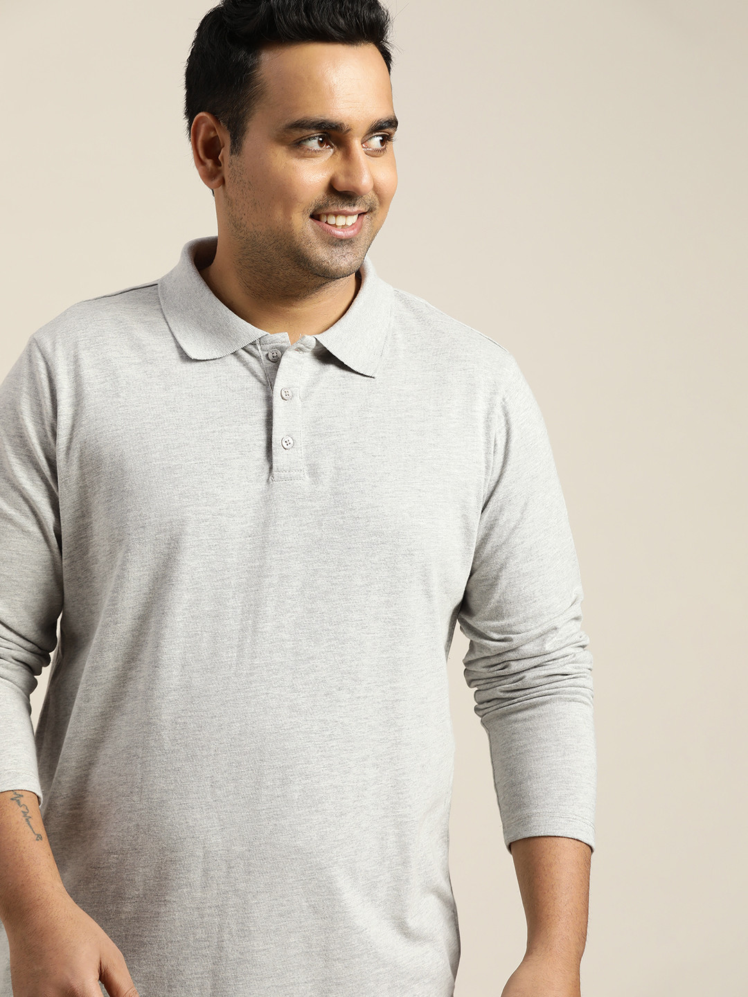 

Sztori Men Plus Size Grey Melange Solid Polo Collar T-shirt