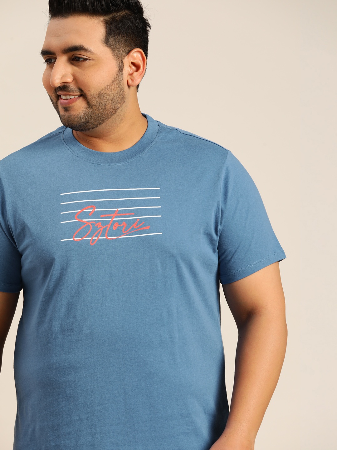 

Sztori Men Plus Size Blue Brand Logo Printed T-shirt