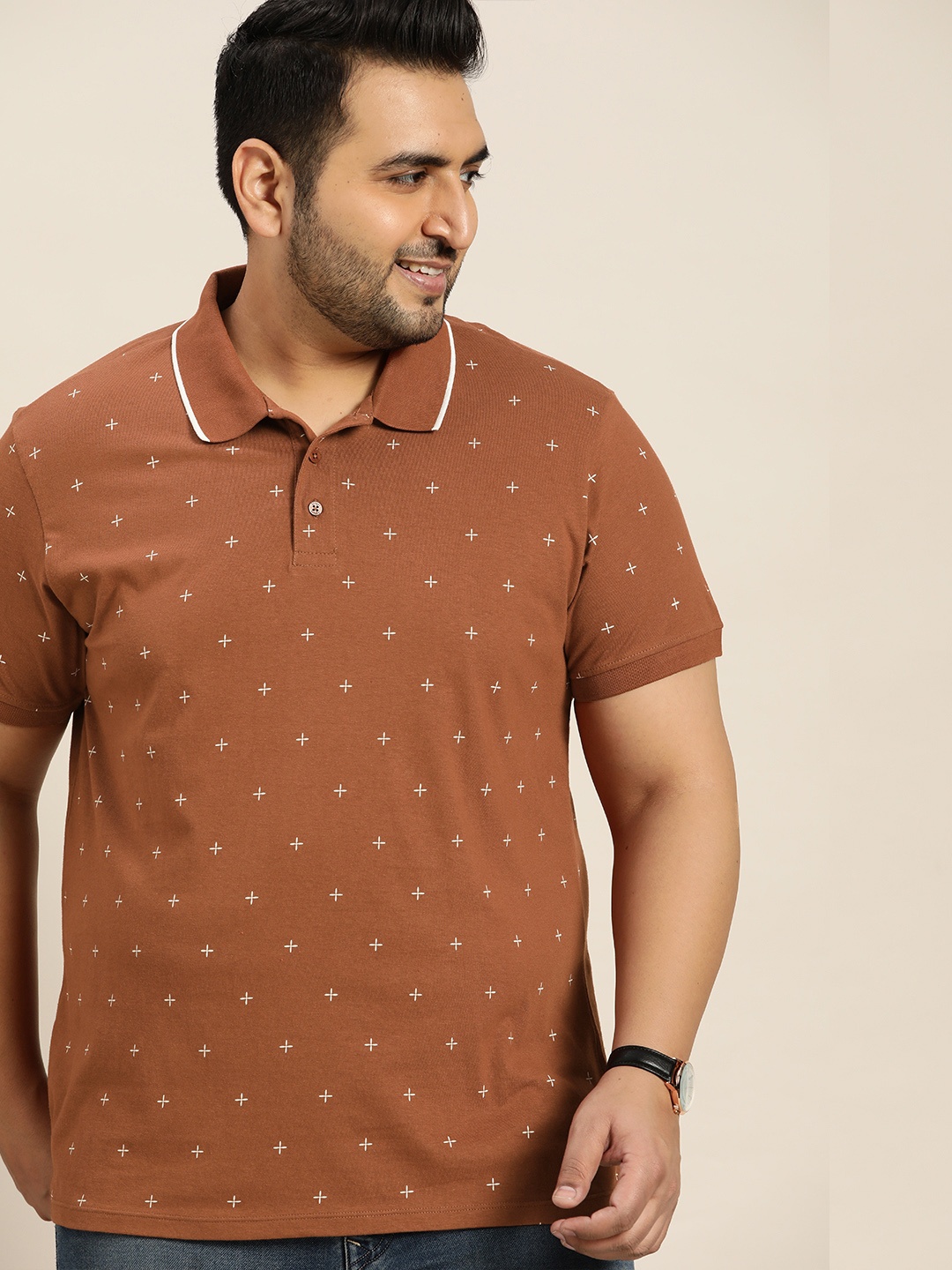 

Sztori Plus Size Men Brown Printed Pure Cotton Polo Collar T-shirt