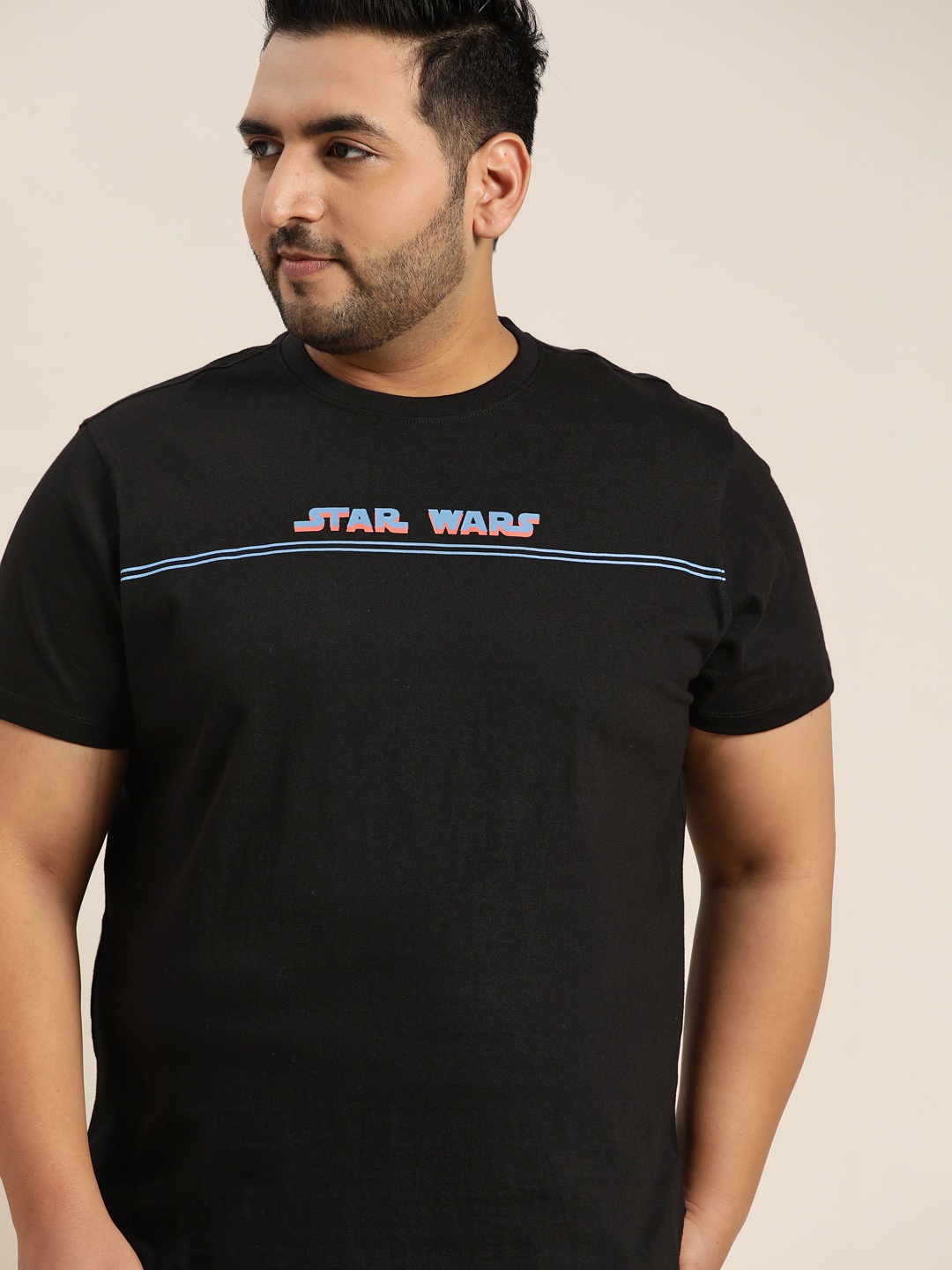 

Sztori Marvel Men Plus Size Black Pure Cotton Star Wars Printed T-shirt with Mask
