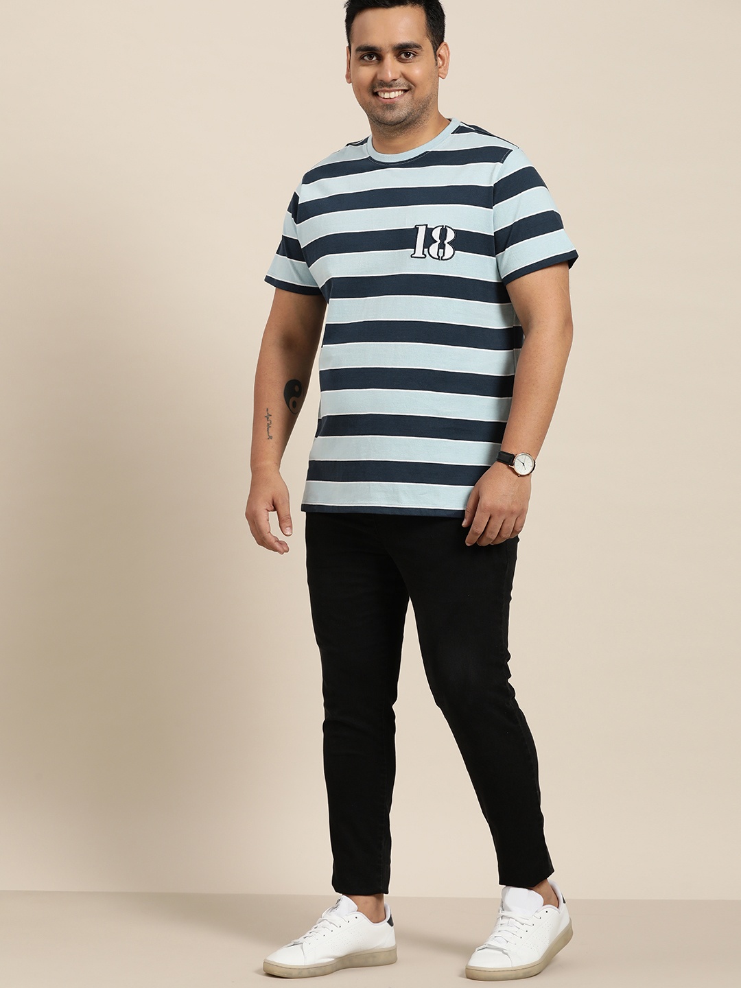 

Sztori Men Plus Size Blue & White Cotton Striped T-shirt