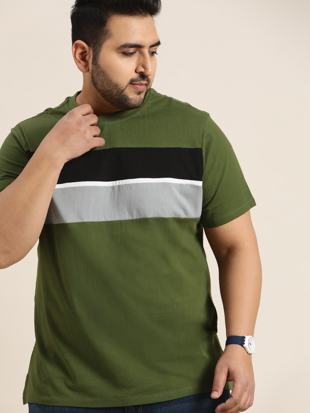 

Sztori Men Plus Size Olive Green & Black Pure Cotton Striped T-shirt