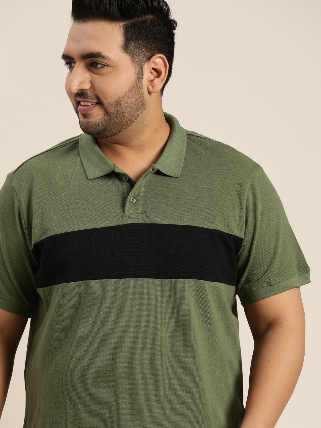 

Sztori Men Plus Size Olive Green & Black Colourblocked Polo Collar T-shirt