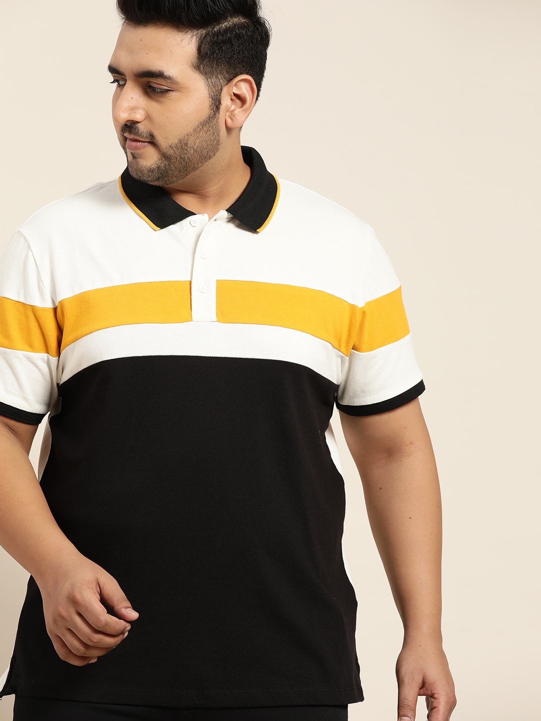 

Sztori Men Plus Size Black & White Colourblocked Polo Collar T-shirt