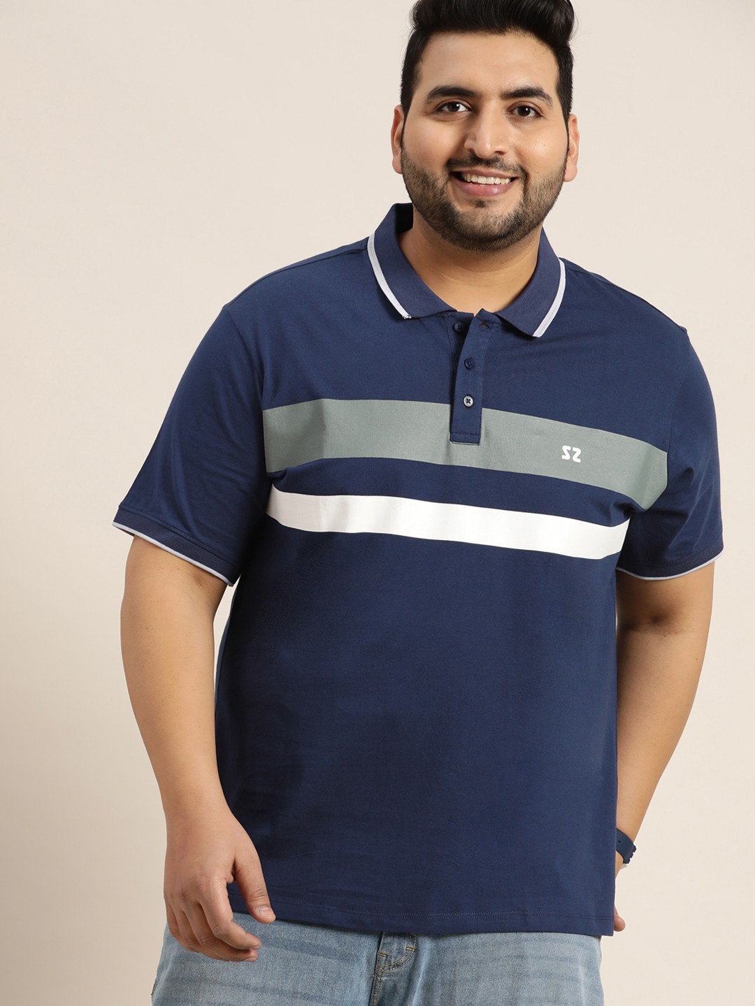 

Sztori Men Plus Size Navy Blue & White Pure Cotton Striped Polo Collar T-shirt
