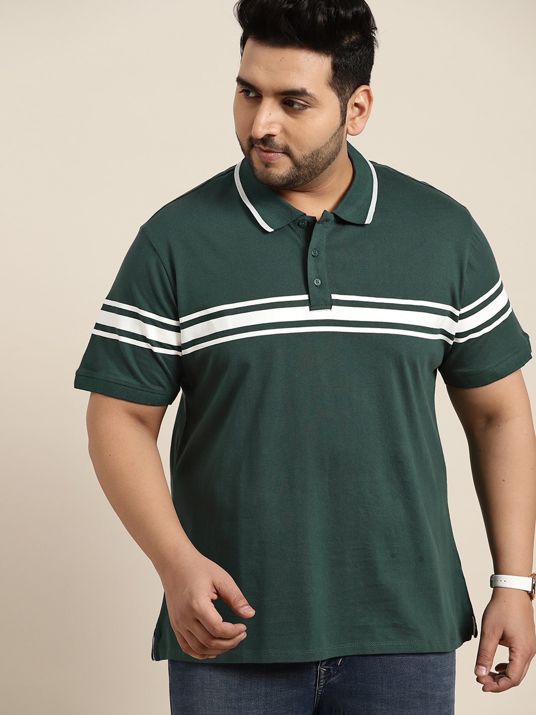 

Sztori Men Plus Size Green Striped Polo Collar Pure Cotton T-shirt