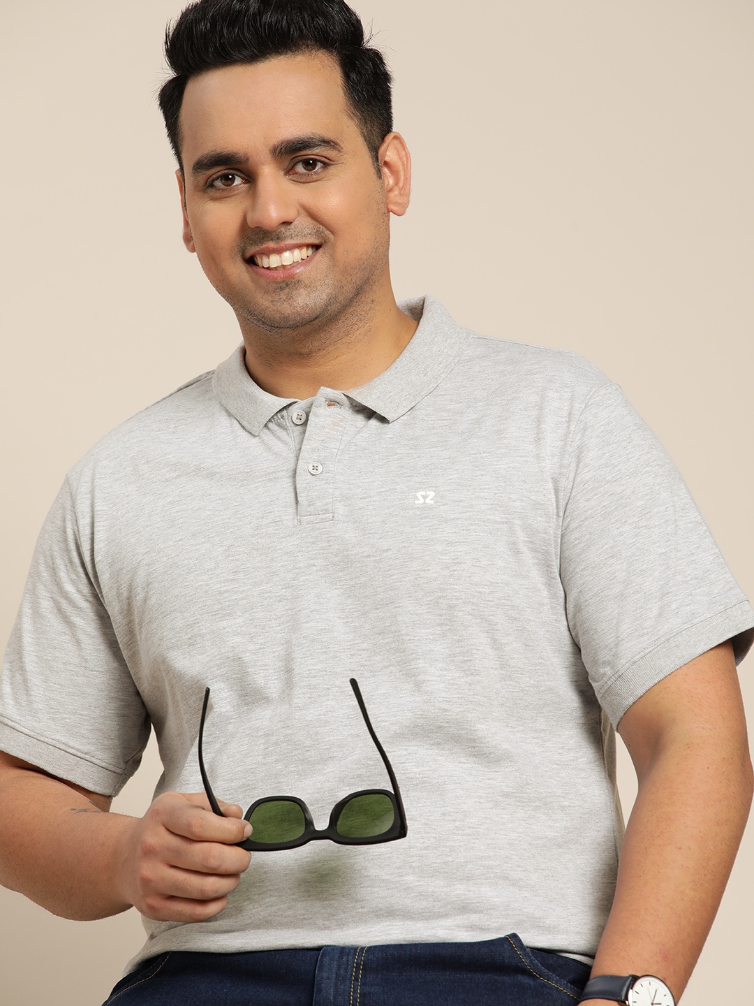 

Sztori Men Plus Size Grey Melange Polo Collar Solid Pure Cotton T-shirt