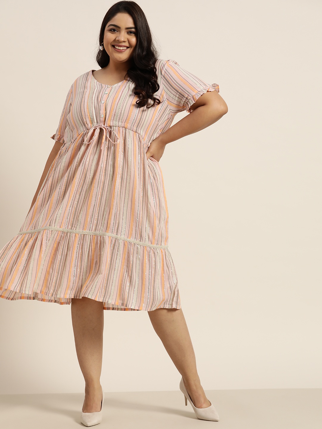 

Sztori Plus Size Orange & Green Striped A-Line Dress