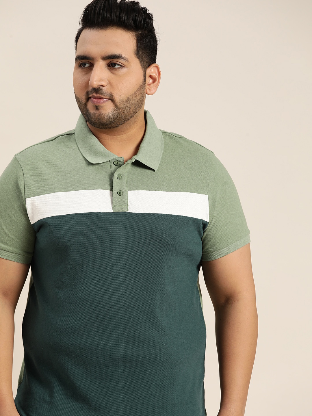 

Sztori Men Plus Size Green Colourblocked Polo Collar T-shirt