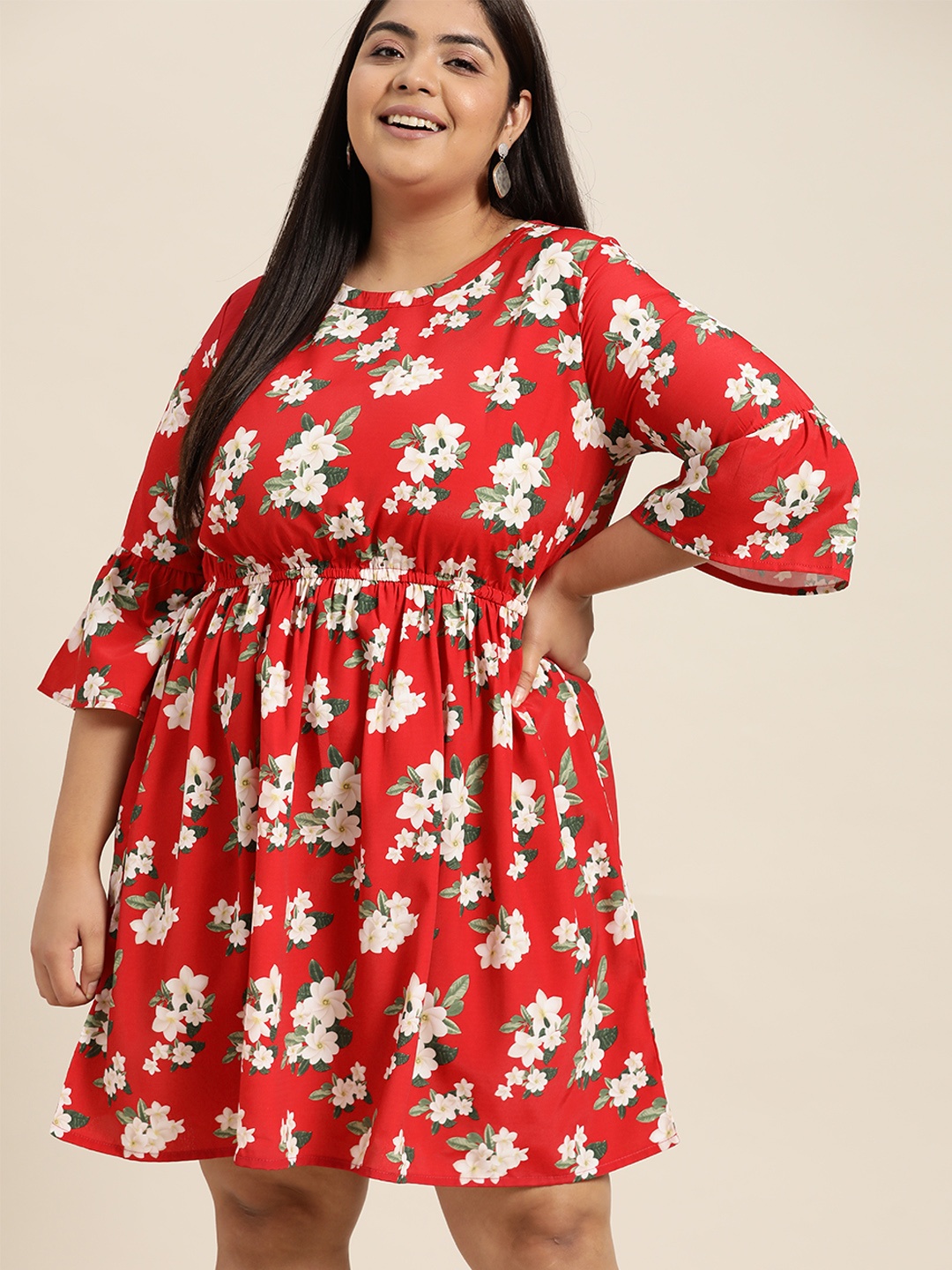 

Sztori Plus Size Red & White Floral A-Line Dress