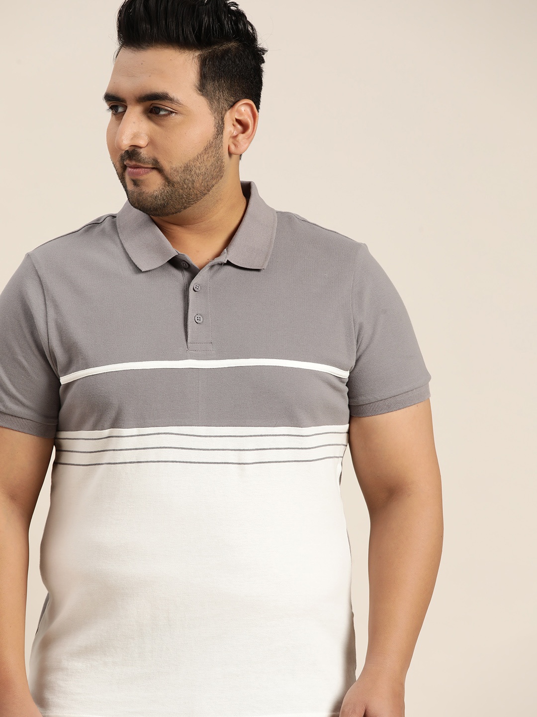 

Sztori Men Plus Size Grey & White Colourblocked Polo Collar T-shirt