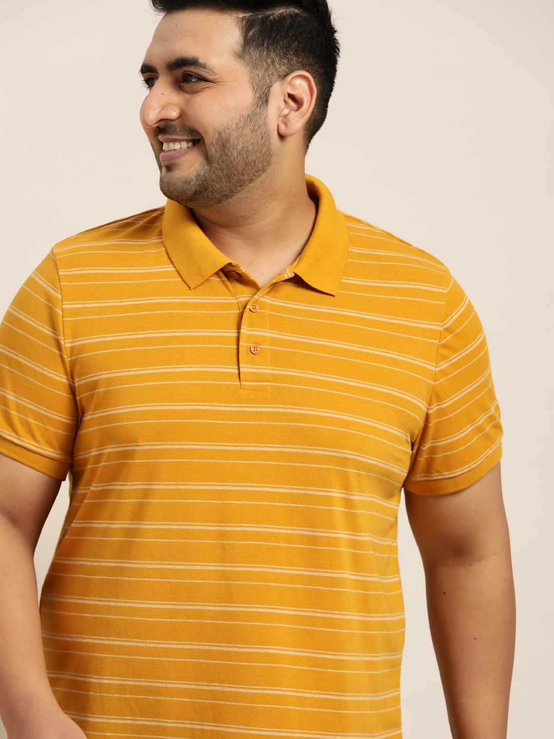 

Sztori Men Plus Size Mustard Yellow White Striped Pure Cotton Polo Collar Pure Cotton T-shirt