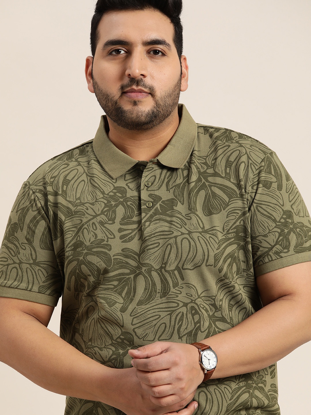 

Sztori Men Plus Size Olive Green Floral Printed Polo Collar Pure Cotton T-shirt