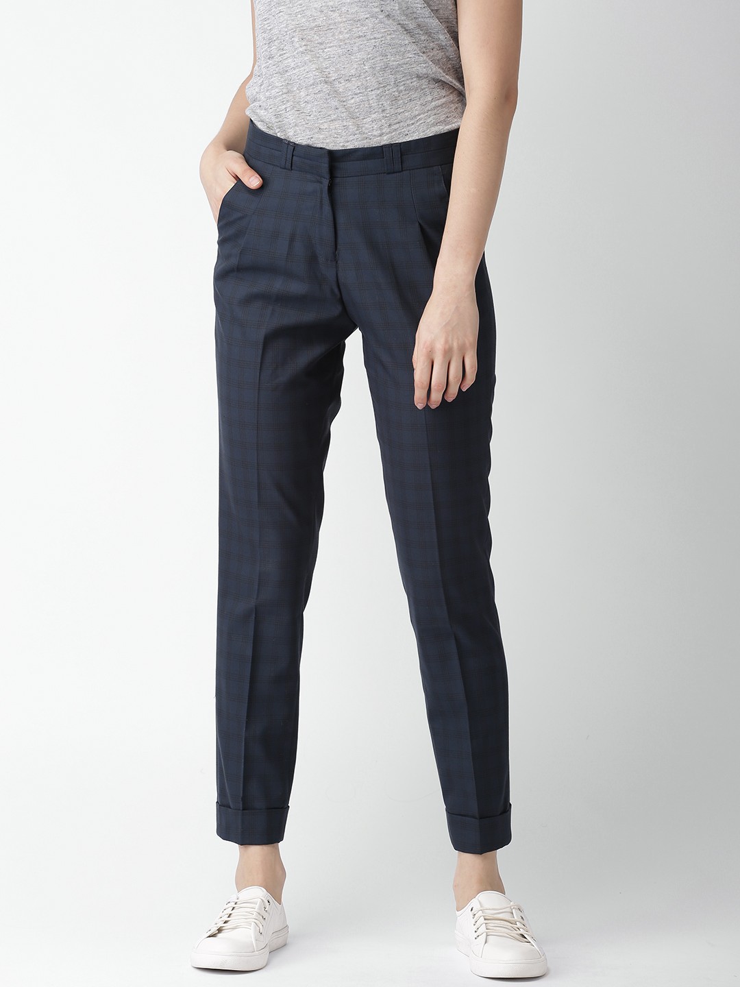 

Mast & Harbour Women Navy Blue Checked Formal Trousers