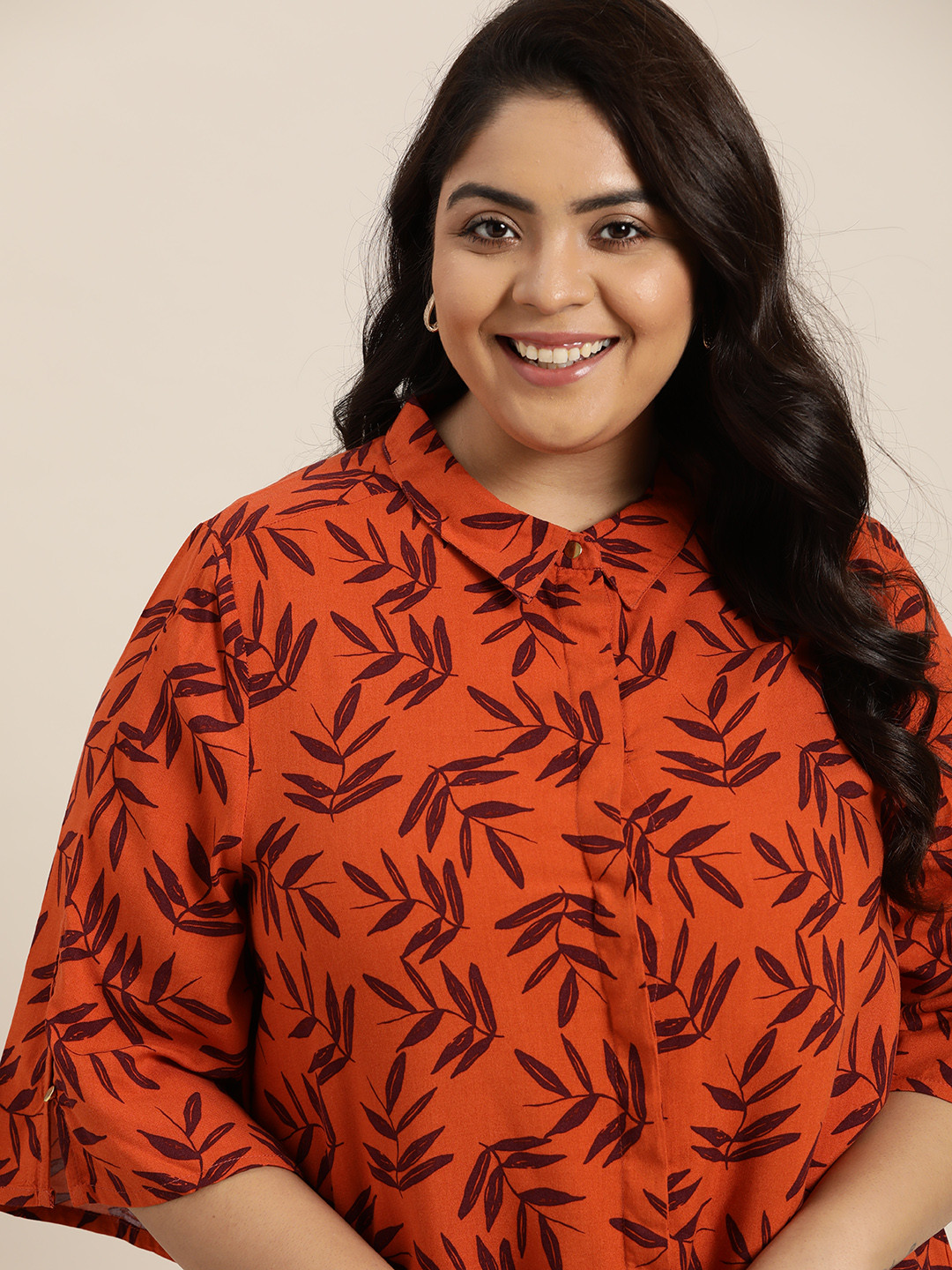 

Sztori Plus Size Women Orange Floral Opaque Printed Casual Shirt