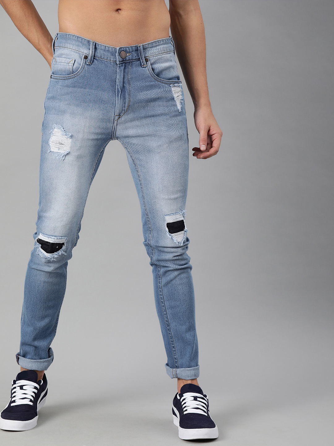 

HERE&NOW Men Blue Skinny Fit Mid-Rise Slash Knee Jeans