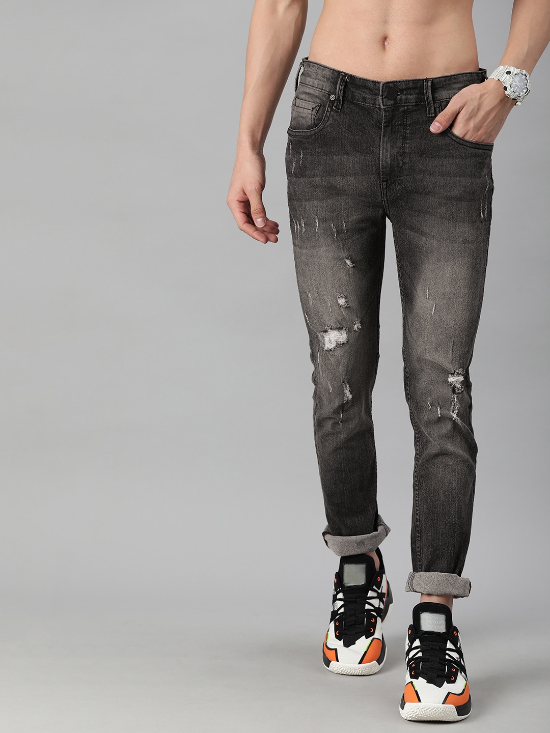 

HERE&NOW Men Grey Skinny Fit Mildly Distressed Jeans