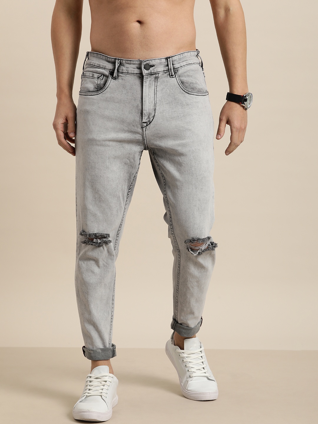 

Moda Rapido Men Grey Slim Tapered Fit Slash Knee Stretchable Jeans