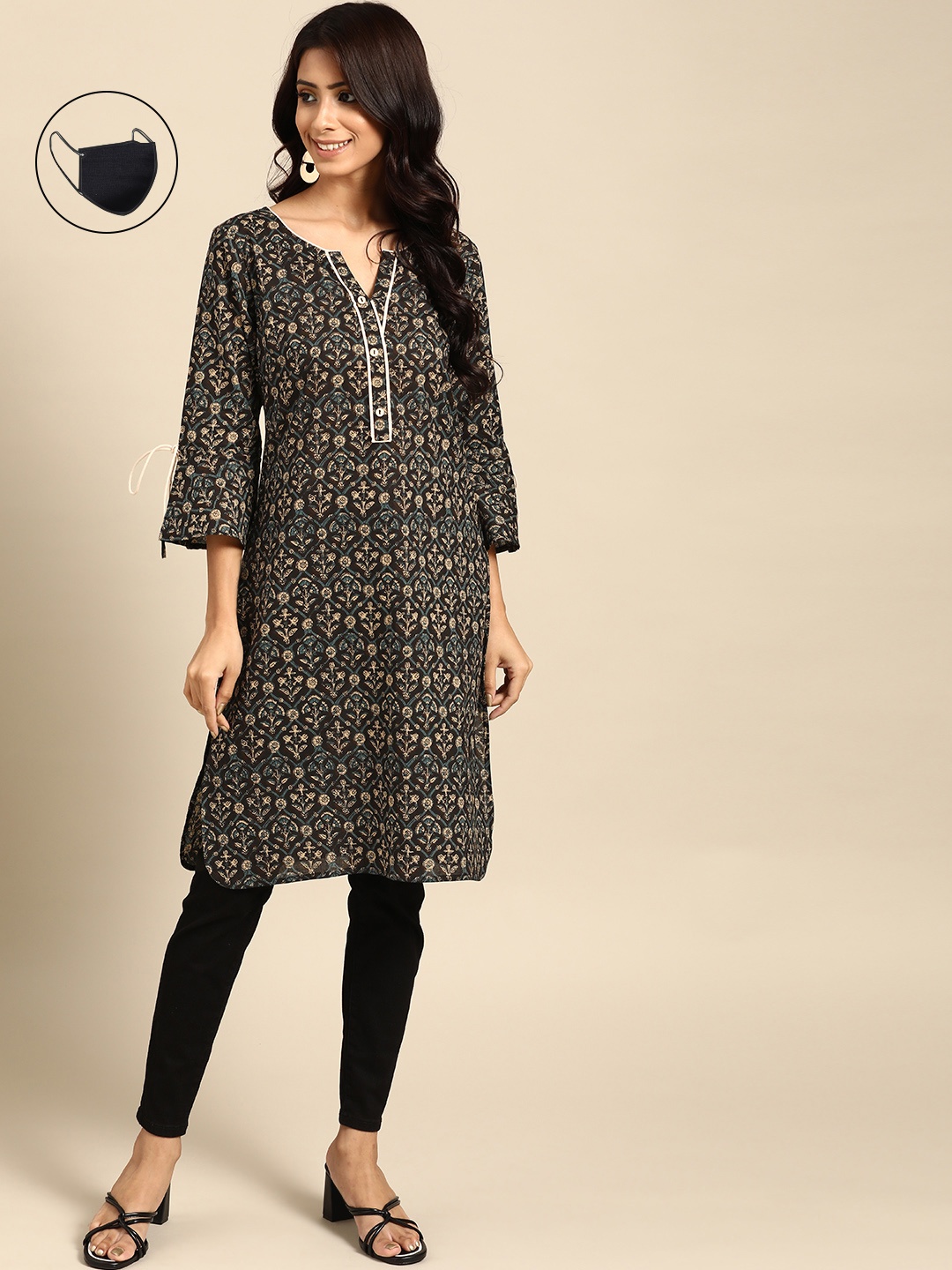 

RANGMAYEE Black & Beige Ethnic Motifs Printed Pure Cotton Kurti Comes With A Mask